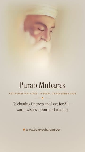 “Purab Mubarak”, Sri Guru Nanak Dev Ji in meditation on a minimal warm beige card, with the words “Celebrating Oneness and Love for All — warm wishes to you on Gurpurab.”