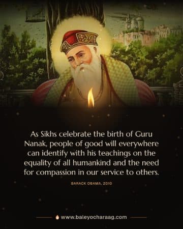 Raja Ravi Varma’s oleograph of Guru Nanak Dev Ji seated beneath a tree on a dark card lit by a single diya, with the words “As Sikhs celebrate the birth of Guru Nanak, people of good will everywhere can identify…”