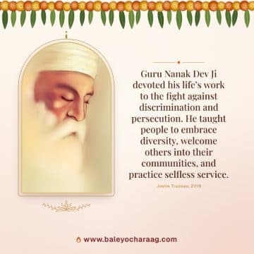 Sri Guru Nanak Dev Ji in meditation on a cream card with marigold and lotus line art, with the words “Guru Nanak Dev Ji devoted his life’s work to the fight against discrimination and…”