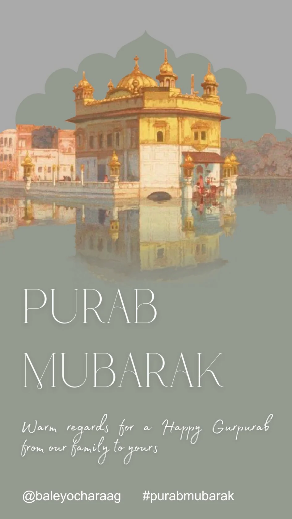 Sri Harmandir Sahib above a soft grey Purab Mubarak greeting
