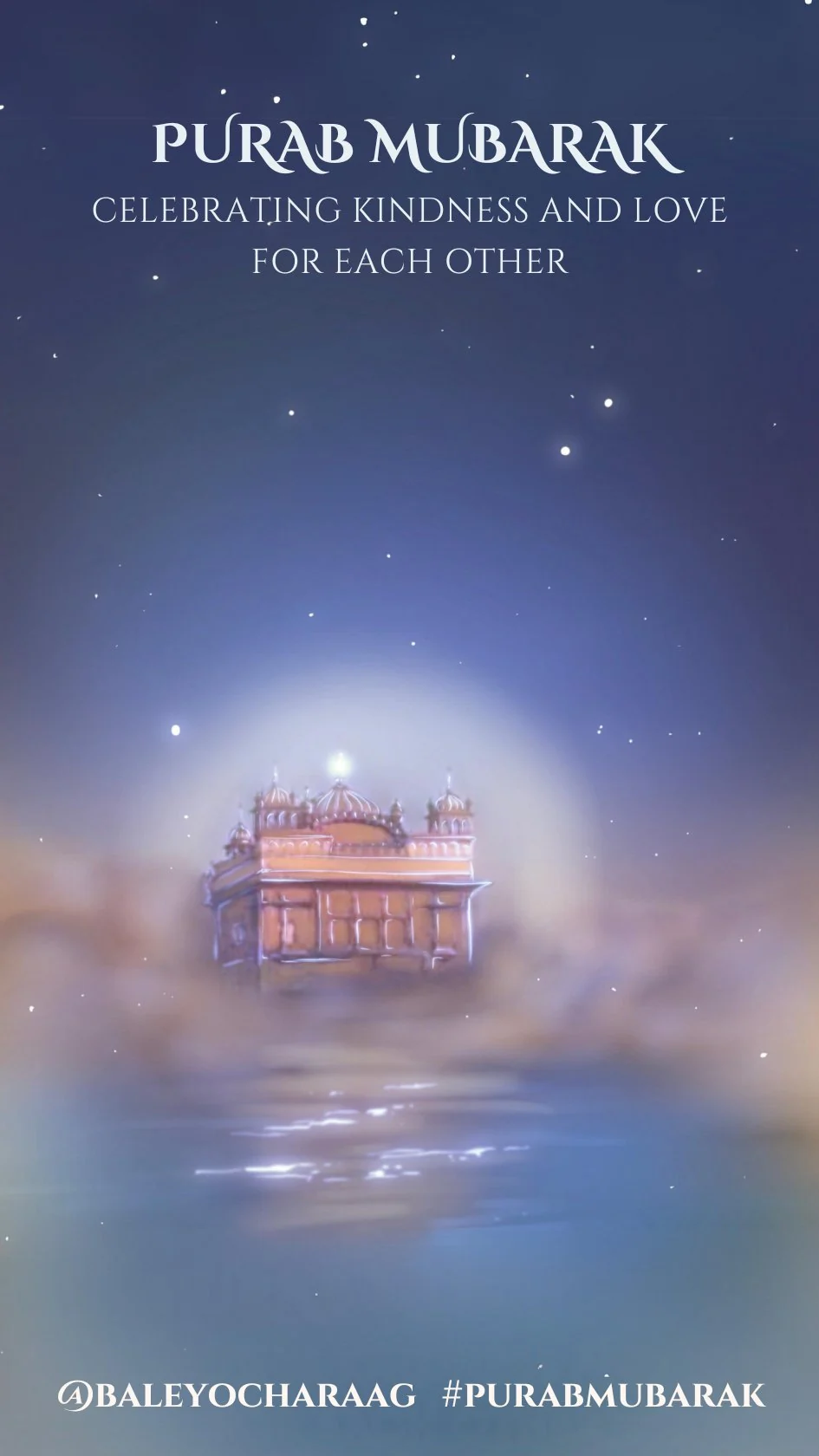 Sri Harmandir Sahib among clouds under a starry sky, Purab Mubarak