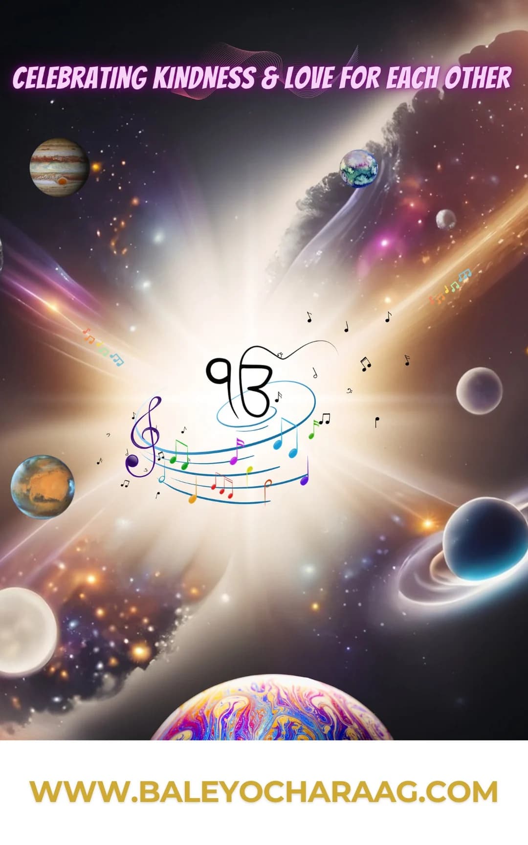 Ik Onkar with musical notes among planets, celebrating kindness and love