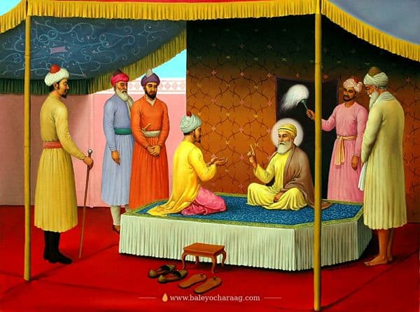 Guru Nanak Dev Ji seated on a raised dais beneath a canopy, a visitor bowing before him as courtiers stand by