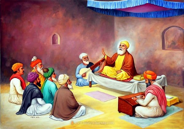 Guru Nanak Dev Ji seated in a courtyard with Bhai Mardana on the rabab, as the sangat listens and a scribe writes