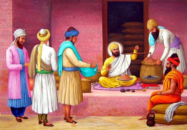 Guru Nanak Dev Ji weighing grain at the Modikhana in Sultanpur Lodhi, surrounded by people