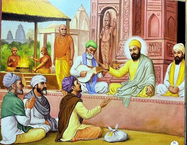 Guru Nanak Dev Ji seated before a temple with Bhai Mardana playing the rabab, as people gather to listen