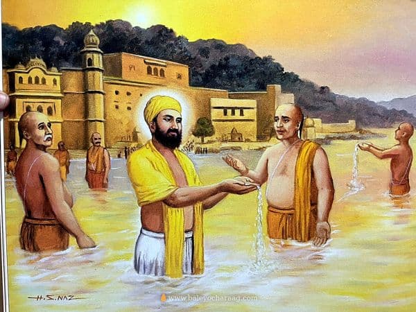 Guru Nanak Dev Ji in the river at Haridwar among priests offering water to the rising sun