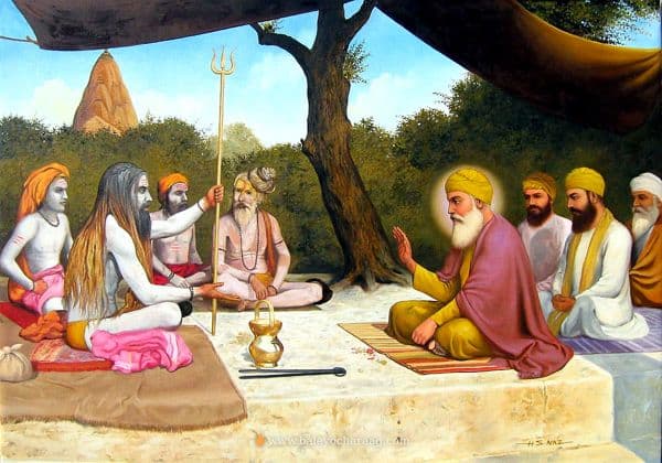 Guru Nanak Dev Ji in discourse with the Siddh yogis on a mountainside