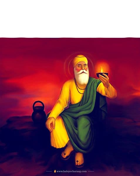 Guru Nanak Dev Ji seated on a hillside at dusk, holding a lit diya, painted in deep red and violet