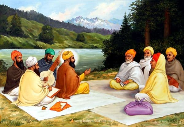 Guru Nanak Dev Ji and Bhai Mardana seated by a mountain river as villagers come with offerings