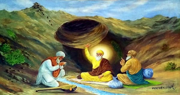 Guru Nanak Dev Ji holding back the falling rock with his hand as a spring flows beside him, the saakhi of Wali Kandhari