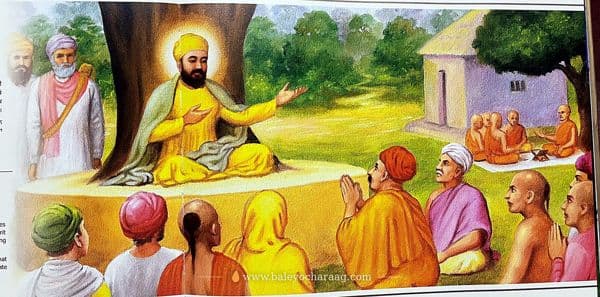 Guru Nanak Dev Ji teaching beneath a great tree as the sangat sits listening