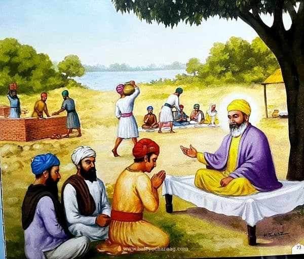 Guru Nanak Dev Ji seated beside a river as people build and work around him, and visitors bow