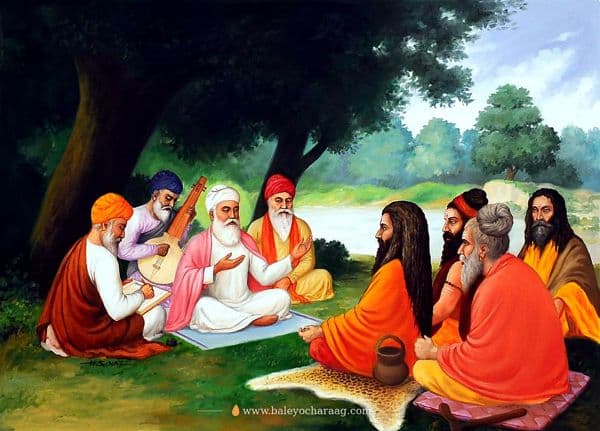 Guru Nanak Dev Ji and Bhai Mardana in conversation with yogis and sadhus in a forest clearing