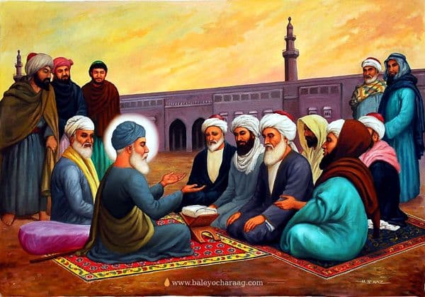 Guru Nanak Dev Ji in a blue robe in discussion with Muslim scholars before a mosque