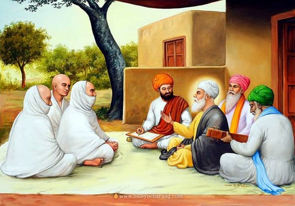 Guru Nanak Dev Ji with Bhai Mardana in conversation with white-robed Jain monks