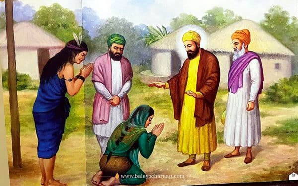 Villagers bowing before Guru Nanak Dev Ji and his companions outside thatched huts
