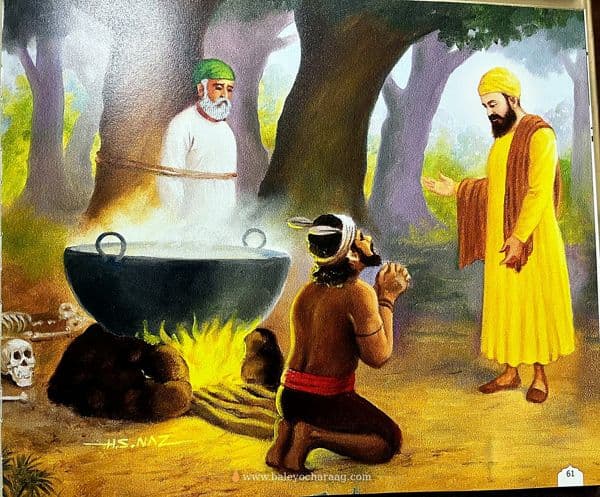 Kauda kneeling before Guru Nanak Dev Ji beside the cauldron, with Bhai Mardana bound to a tree
