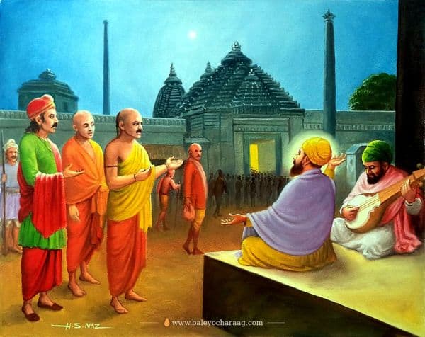 Guru Nanak Dev Ji at Jagannath Puri under the night sky, singing with Bhai Mardana on the rabab