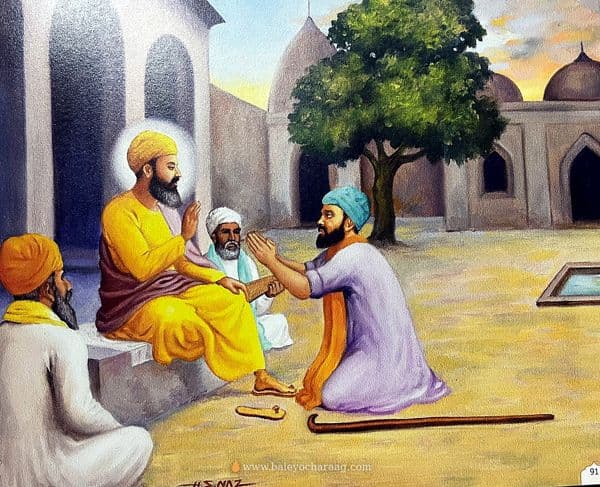 Guru Nanak Dev Ji seated in a courtyard as a man kneels before him with folded hands