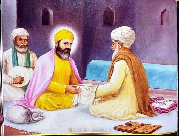 Guru Nanak Dev Ji seated with Bhai Mardana and an elder, offering a cloth