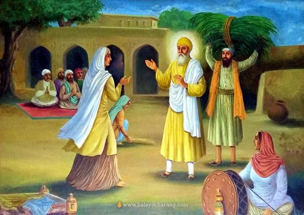 Guru Nanak Dev Ji greeting a woman in a village courtyard as a man arrives carrying a bundle of fodder