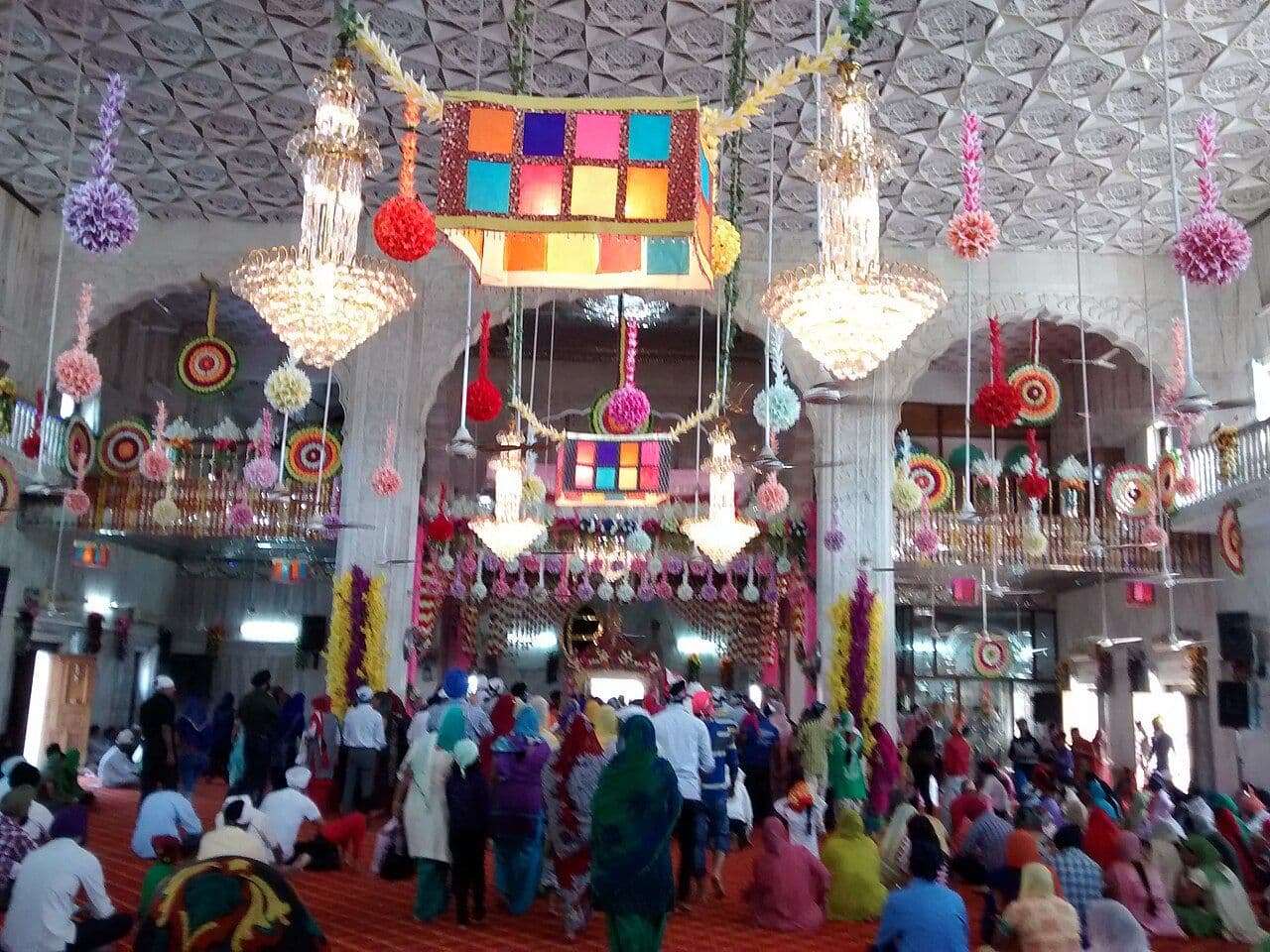 Main hall of Gurudwara Nanak Piao Sahib, decorated for Guru Nanak Dev Ji's Parkash Purab