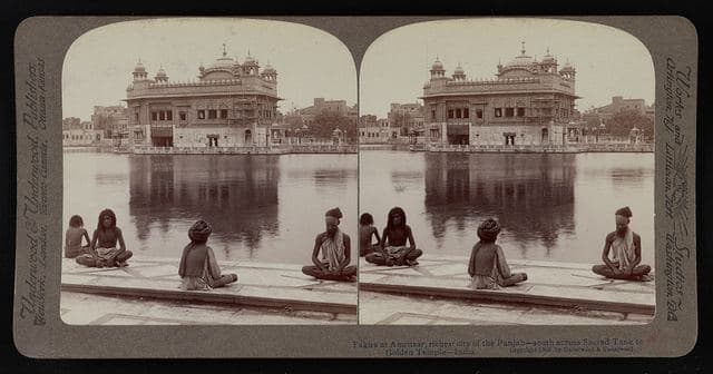 Fakirs at Amritsar, richest city of the Punjab, south across Sacred Tank to Golden Temple - India
