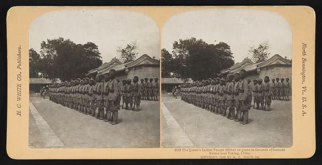 The Queen's Indian troops (Sikhs) on guard in grounds of summer palace near Peking, China