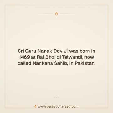 A minimal warm beige card, with the words “Sri Guru Nanak Dev Ji was born in 1469 at Rai Bhoi di Talwandi, now called Nankana Sahib,…”