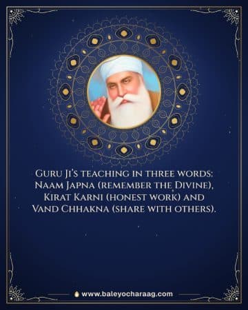 Sri Guru Nanak Dev Ji with his hand raised in blessing on a deep blue card with a gold mandala, with the words “Guru Ji’s teaching in three words: Naam Japna (remember the Divine), Kirat Karni (honest…”