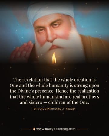 Sri Guru Nanak Dev Ji with his hand raised in blessing on a dark card lit by a single diya, with the words “The revelation that the whole creation is One and the whole humanity is strung upon the…”