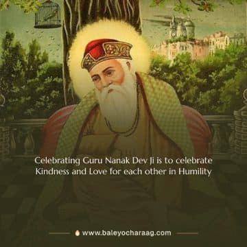 Raja Ravi Varma’s oleograph of Guru Nanak Dev Ji seated beneath a tree on a full-picture card, with the words “Celebrating Guru Nanak Dev Ji is to celebrate Kindness and Love for each other in Humility”