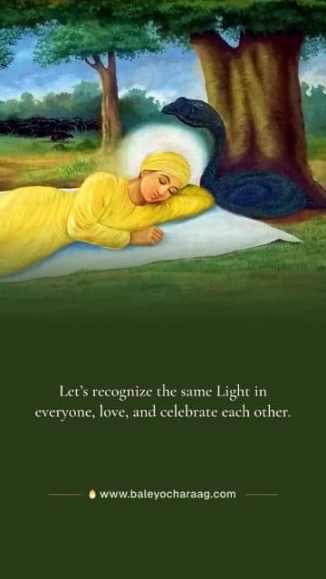 Devender Singh’s painting of young Guru Nanak Dev Ji asleep in the field, shaded by a cobra as Rai Bular looks on on a full-picture card, with the words “Let’s recognize the same Light in everyone, love, and celebrate each other.”