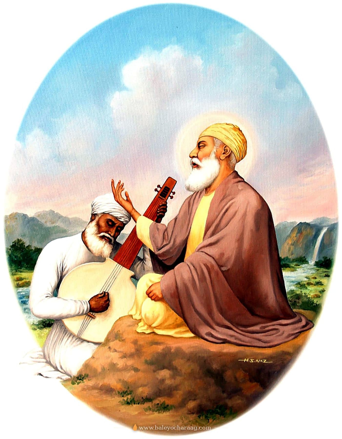 Guru Nanak Dev Ji singing as Bhai Mardana plays the rabab, in an oval painting