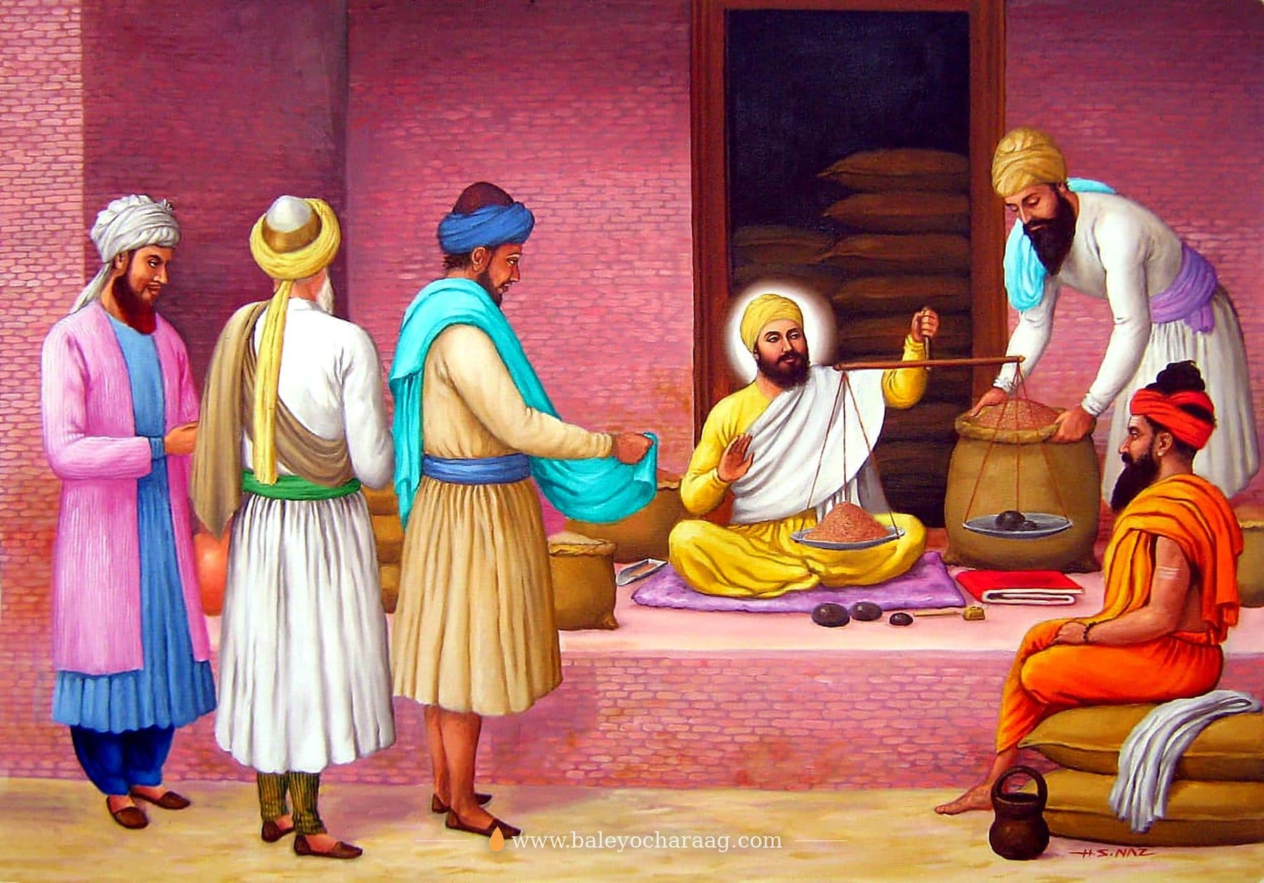 Guru Nanak Dev Ji weighing grain at the Modikhana in Sultanpur Lodhi, surrounded by people