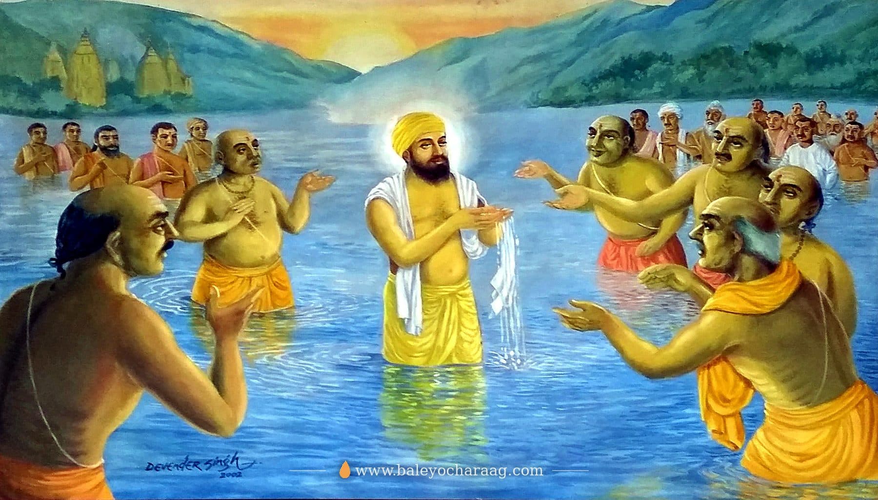 Guru Nanak Dev Ji standing in the river at Haridwar, throwing water west towards Their fields as the pilgrims look on