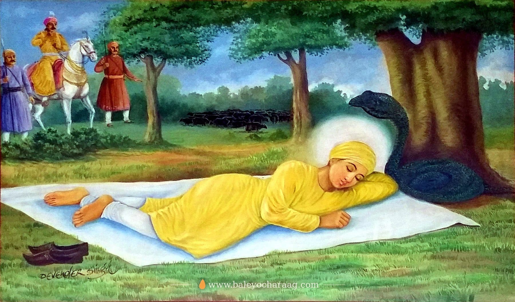 Young Guru Nanak Dev Ji asleep in the field as a cobra shades Their face, while Rai Bular watches from his horse