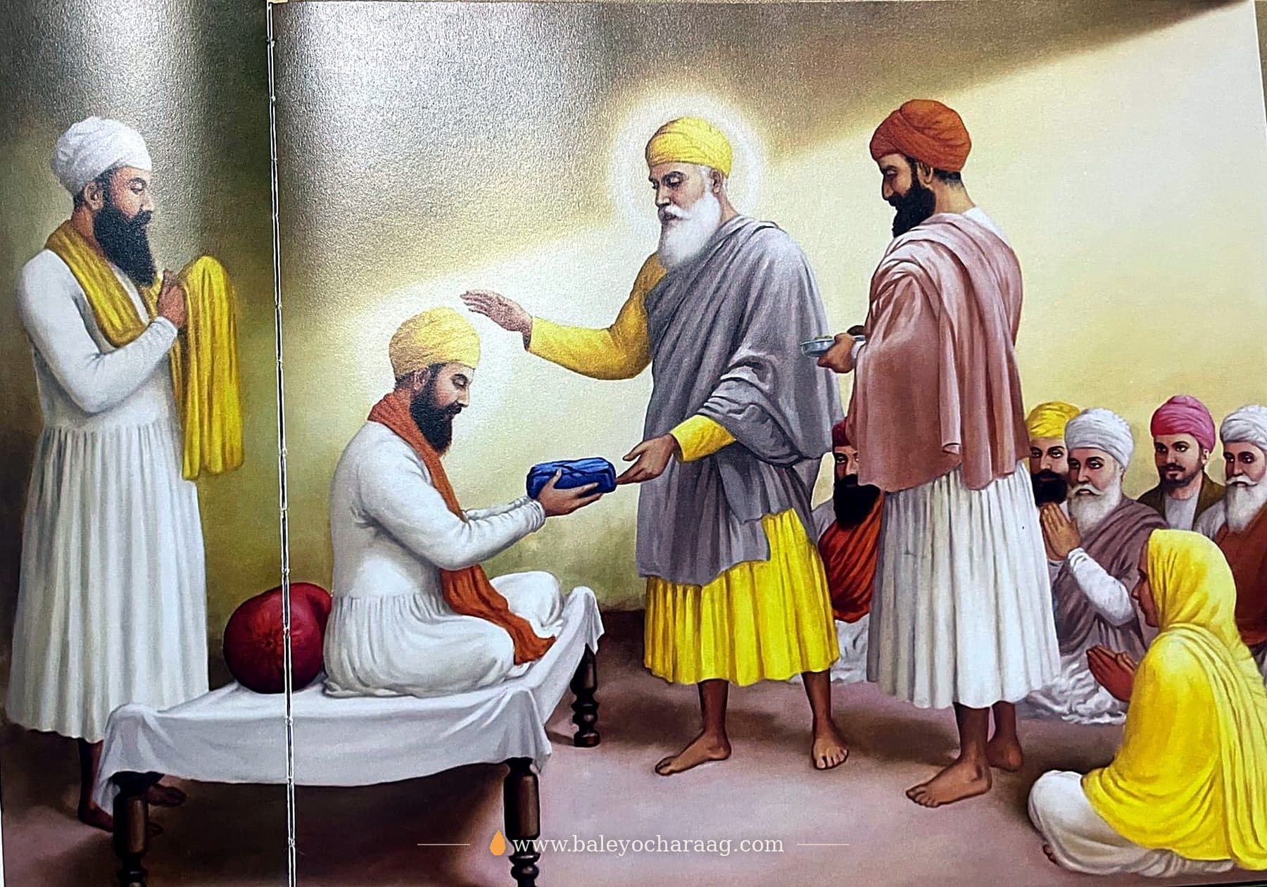 Guru Nanak Dev Ji placing Their hand on the head of a seated Sikh with an offering of a coconut, as the sangat looks on