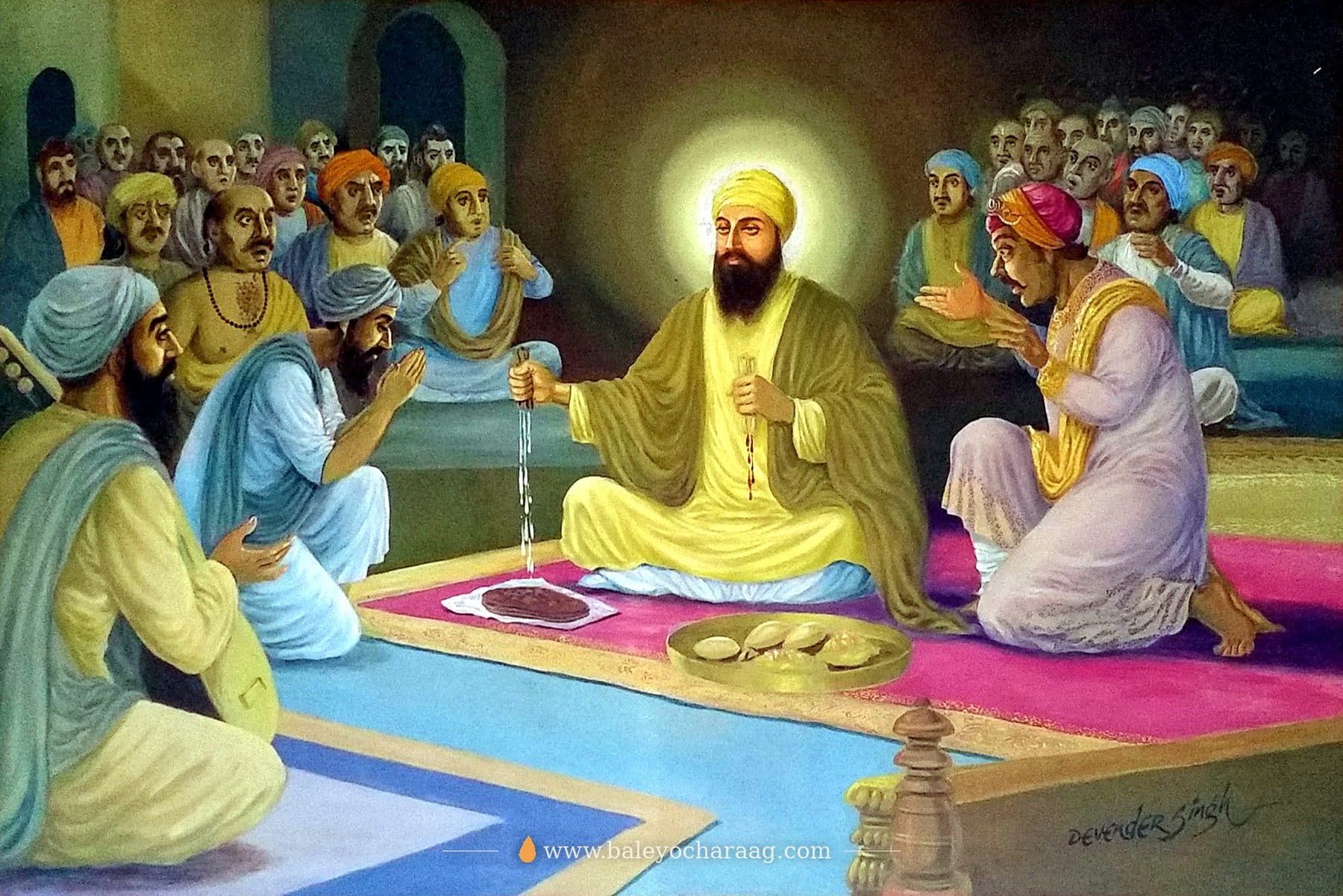 Guru Nanak Dev Ji squeezing bread in Their hand, the saakhi of Bhai Lalo and Malik Bhago