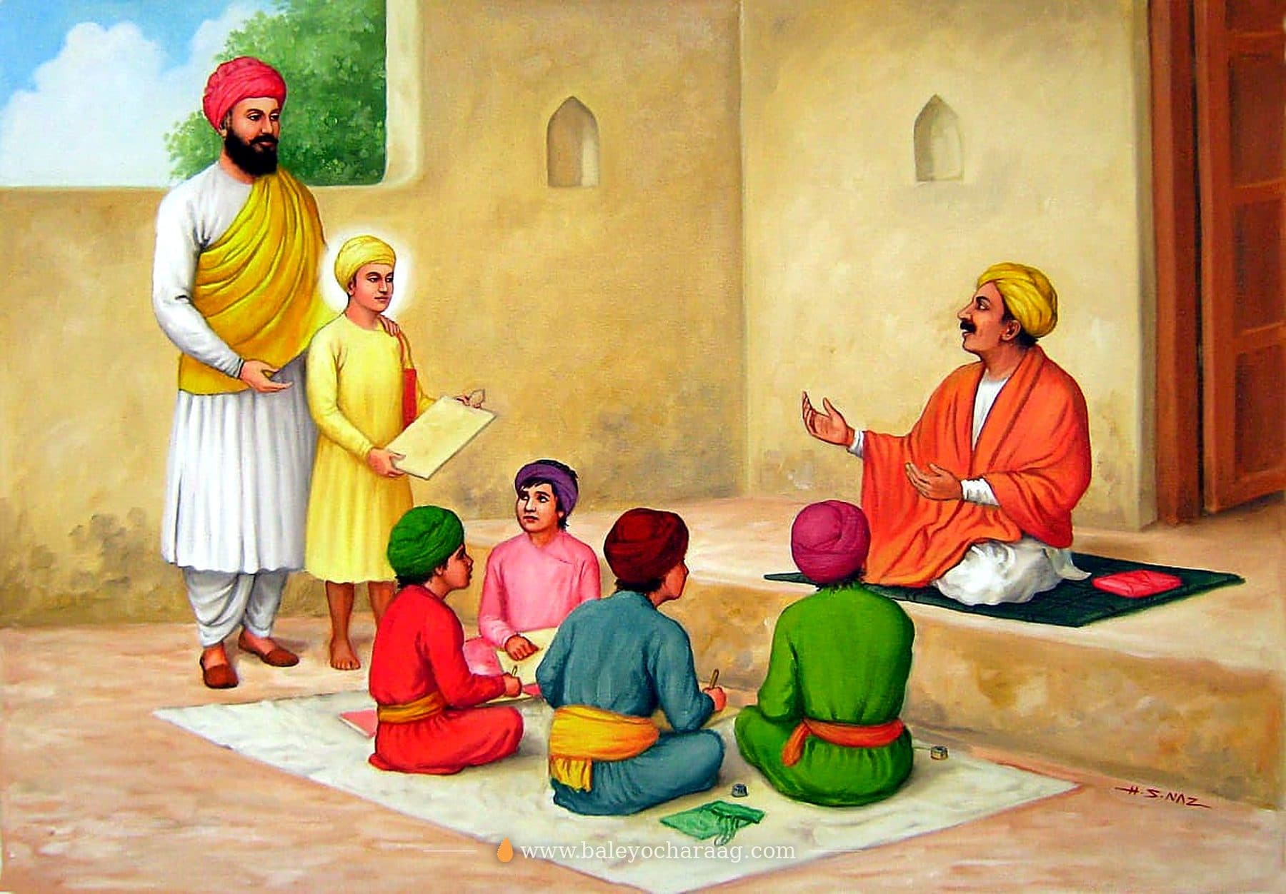 Young Guru Nanak Dev Ji brought by Mehta Kalu Ji to Their teacher, with other children seated at their lessons