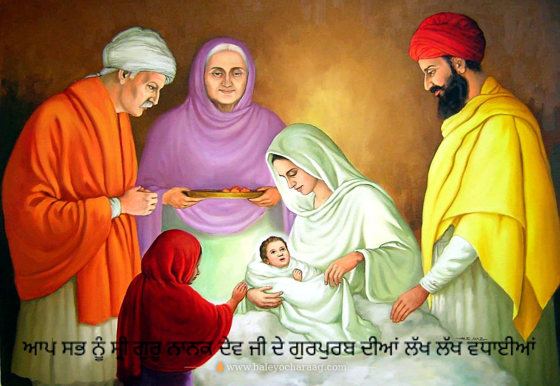 The birth of Guru Nanak Dev Ji: Mata Tripta Ji holding the baby, with Mehta Kalu Ji and family, and a Gurpurab greeting in Punjabi