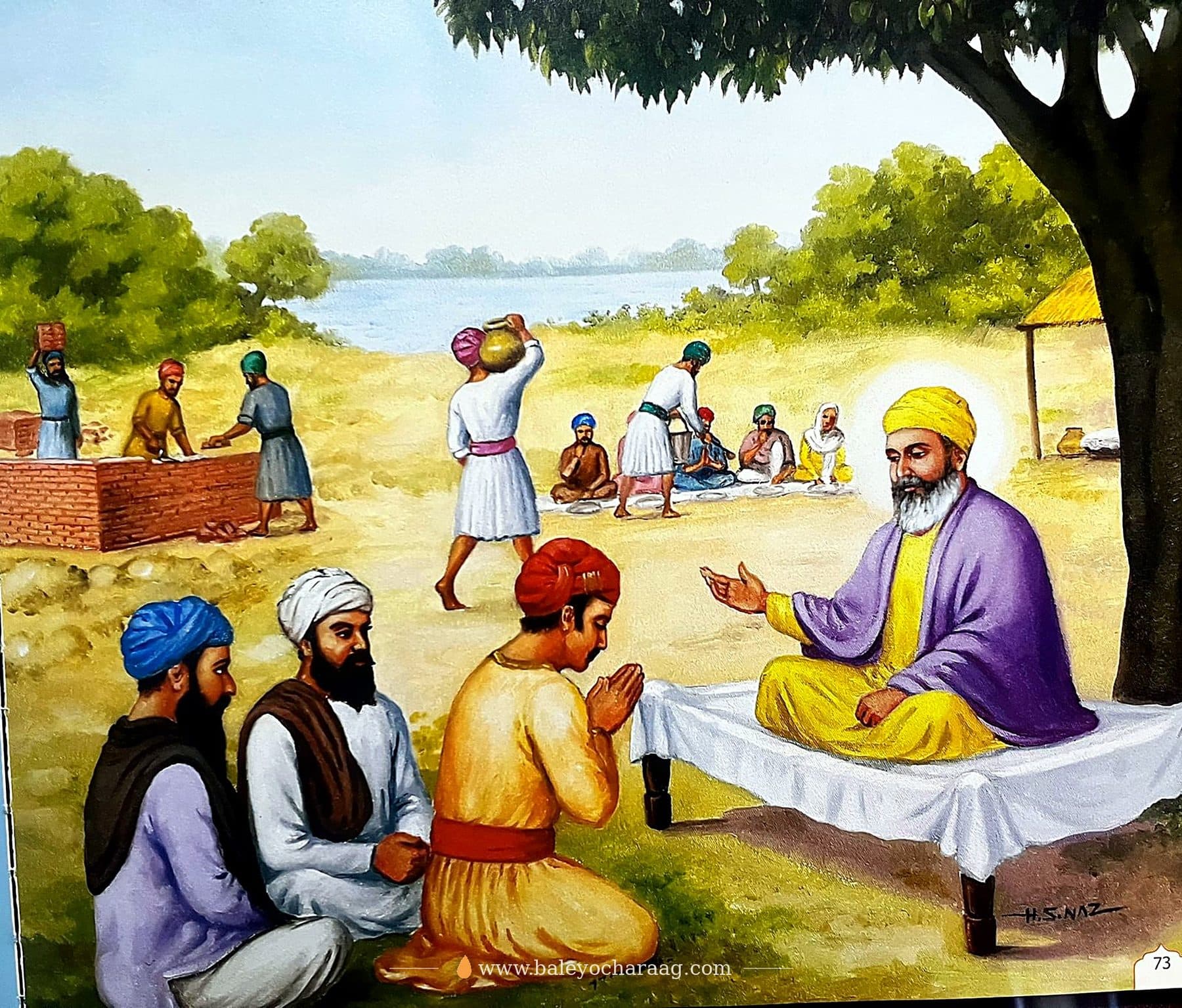 Guru Nanak Dev Ji seated beside a river as people build and work around Them, and visitors bow