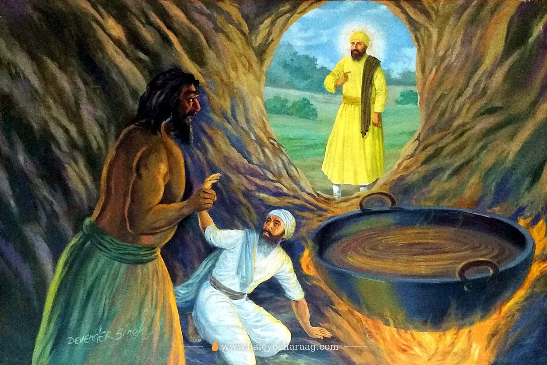 Guru Nanak Dev Ji standing calm in a hollow tree as Kauda points to his boiling cauldron