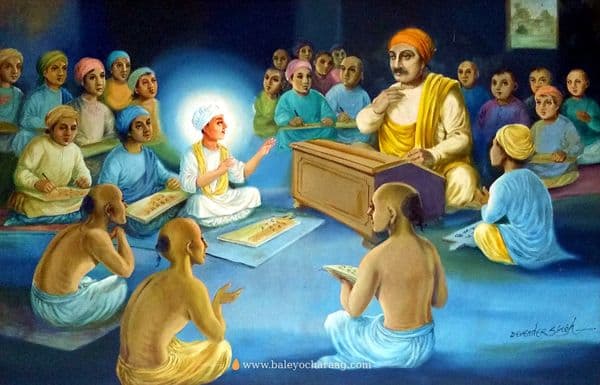 Young Guru Nanak Dev Ji at school, explaining to Their astonished teacher as other pupils watch