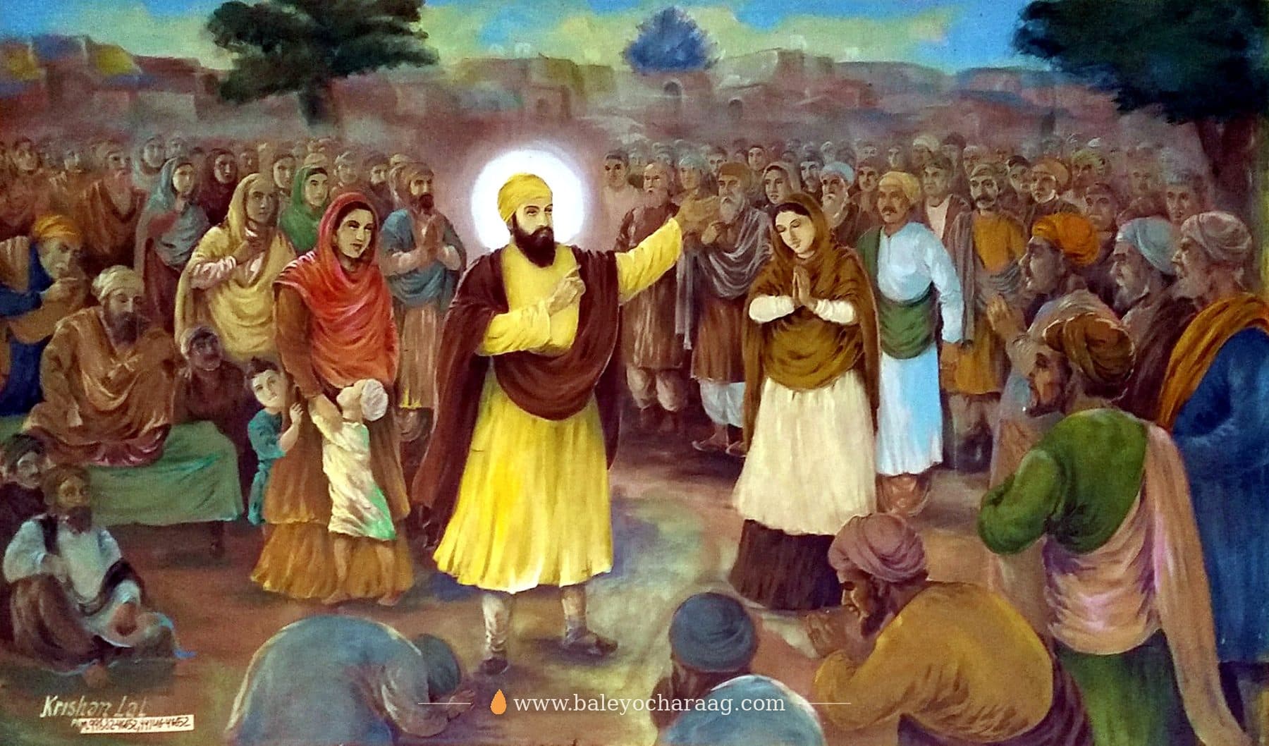 Guru Nanak Dev Ji standing with Their hand raised in blessing amid a great crowd of people