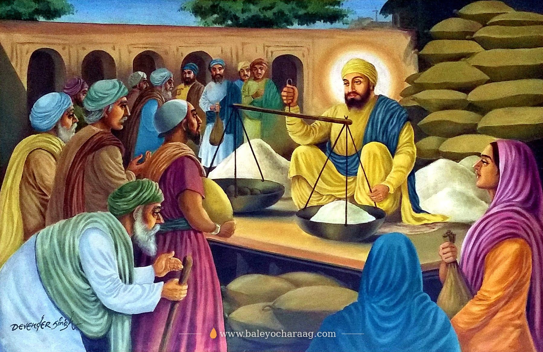 Guru Nanak Dev Ji weighing grain with the scales at the Modikhana in Sultanpur Lodhi