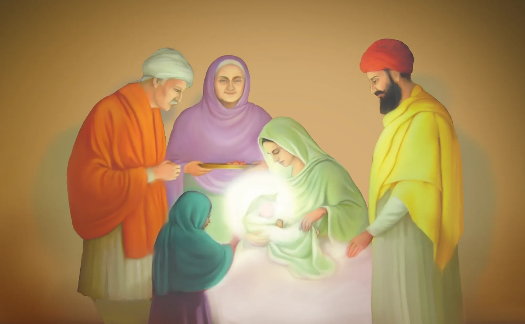 The birth of Guru Nanak Dev Ji: Mata Tripta Ji holds the glowing child as the family gathers around, an elder offering a plate of sweets