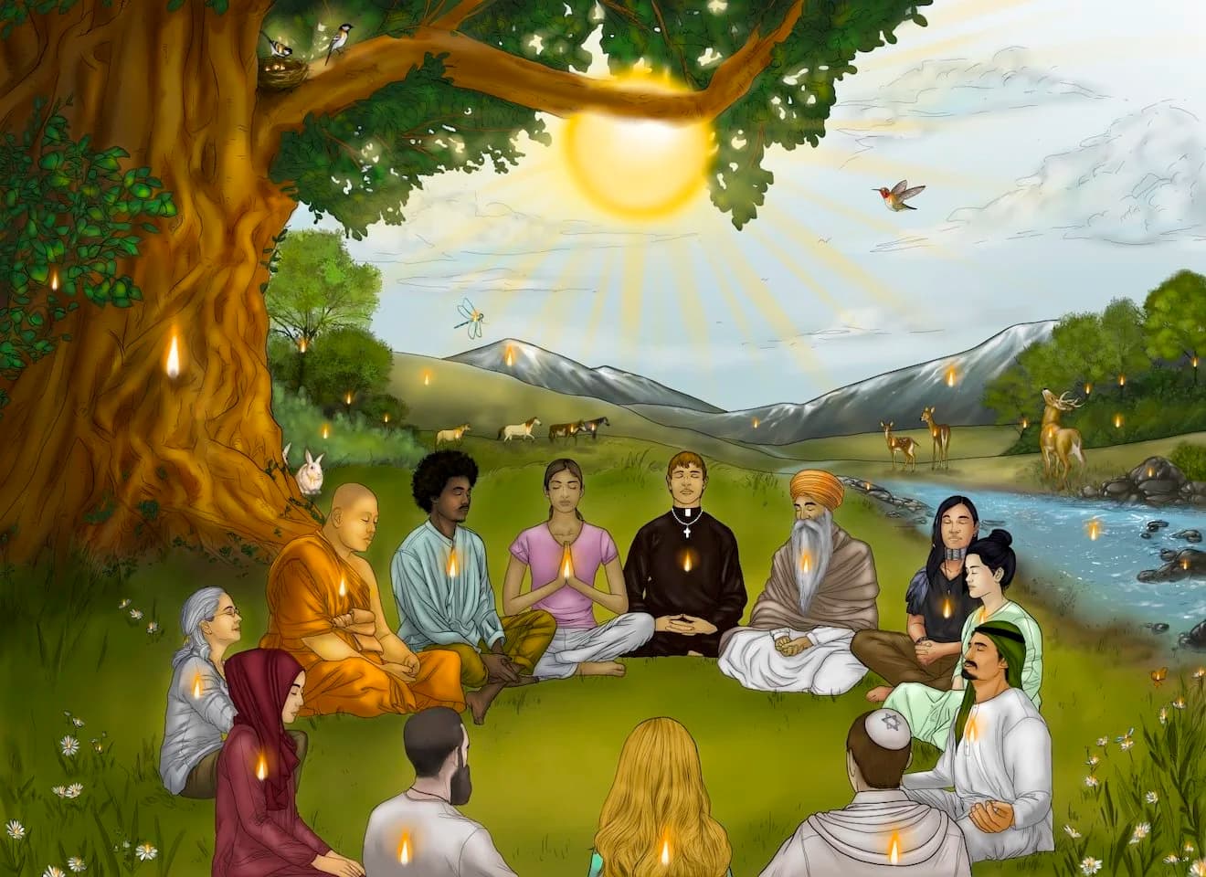 Painting of people, trees, birds, animals and a river, each carrying a small flame of the same light